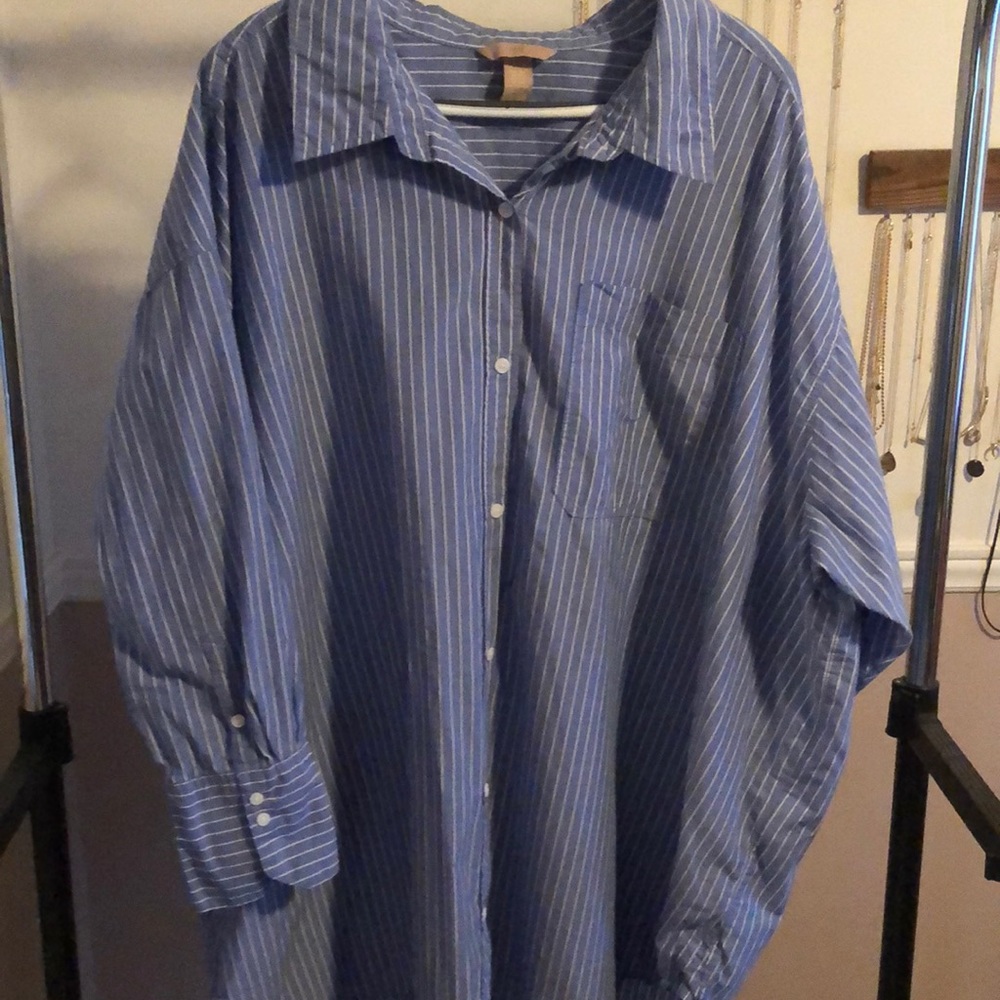 Oversized blue and white striped button down shirt